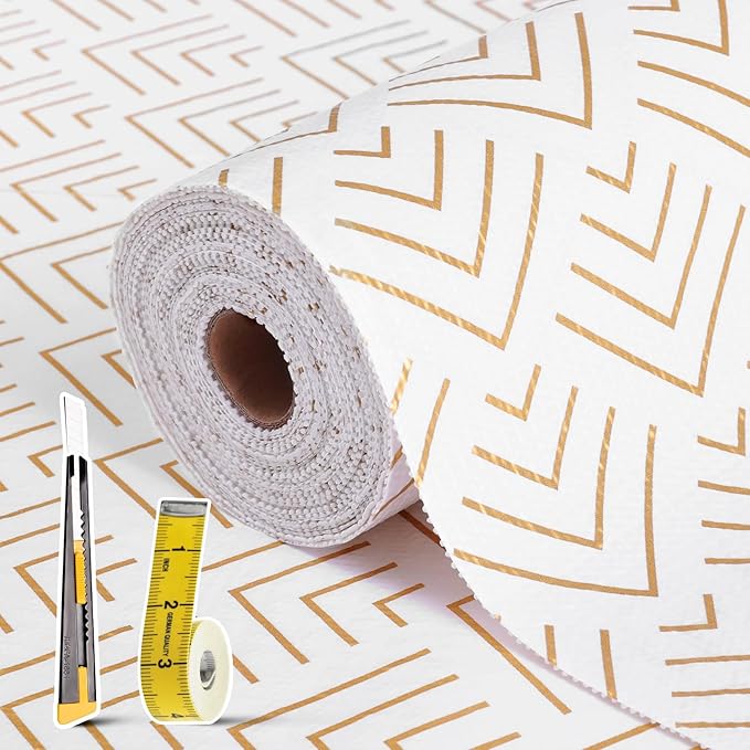 Shelf Liner for Kitchen Cabinets Non Adhesive Drawer Liner Non-Slip Thickened Shelf Liner Paper Strong Easy to Clean for Tool Box Refrigerator with Knife and Tape Measure, Gold Arrow, 11.8 x 354.3 in