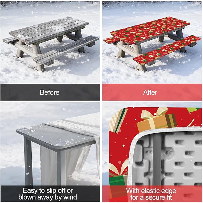 Picnic Table Cover with Bench Covers Set of 3, Elastic Fitted Tablecloth for 6 Foot Tables, Washable Polyester Tablecloths for Camping, Indoor & Outdoor