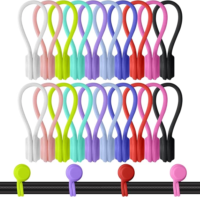 Motiloo Magnetic Cable Ties Silicone Reusable Cord tie for Home Office School Organization (10 Colors-20 Pack)