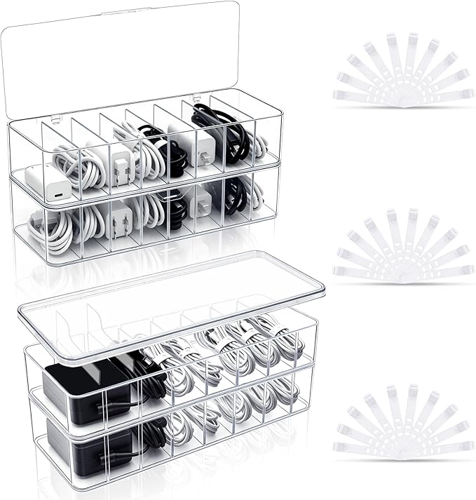 Cheardia 4 Pack Cable Organizer Box with Wire Ties, 2 Style Plastic Cord Storage Box, 10 In Adjustable Clear Charger Organizer with Lid for Electronics Office Home Desk Accessories