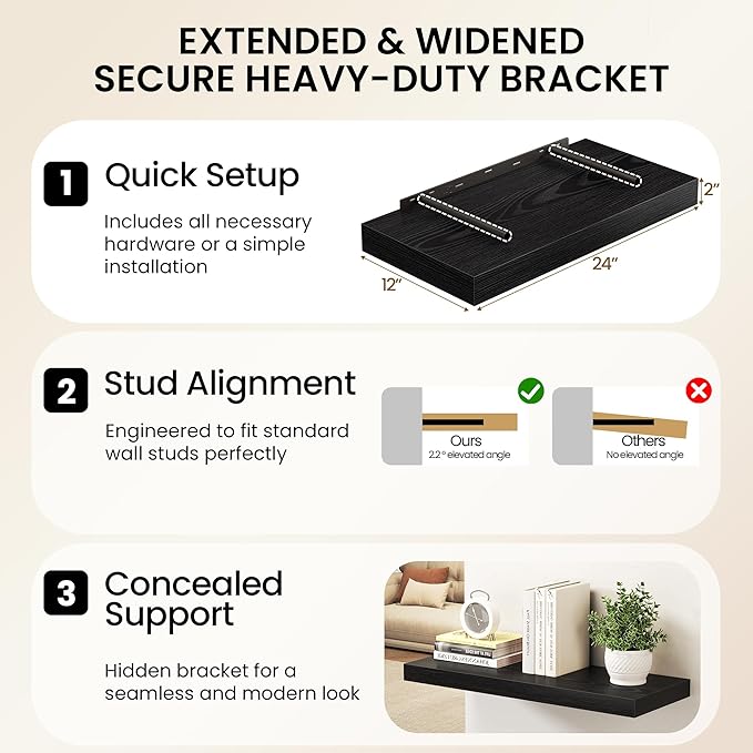 32Inch Black Floating Shelves for Wall, 12 Inch Deep Shelves for Bedroom