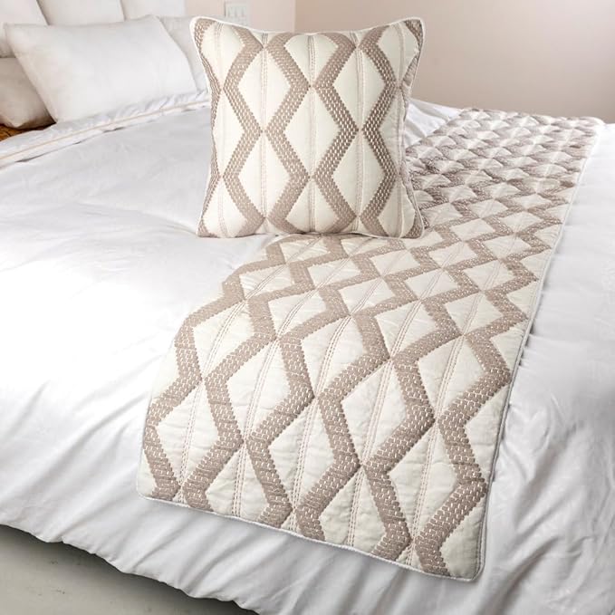 The HomeCentric Ivory Bed Runner, Twin Size 53"x18" Decorative Bed Runner with Matching Pillow Cover, Ivory & Taupe Linen Bed Scarf in Quilted Pattern & Linen Embroidery - Pattern Flatter