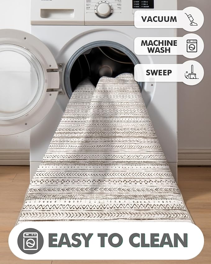 LUMI Washable Runner Rug, 3'x7' Non-Slip Hallway Mat, Low Profile Thin Long Carpeet for Laundry Kitchen Bedroom Office, White and Brown