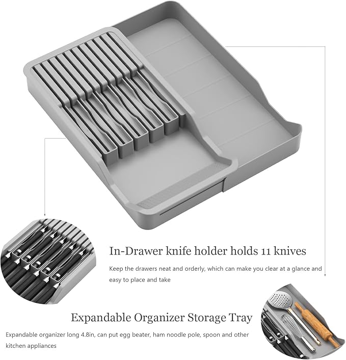 Mulikeer Drawer Knife Organizers Insert with Expandable Tray for 11 Knives