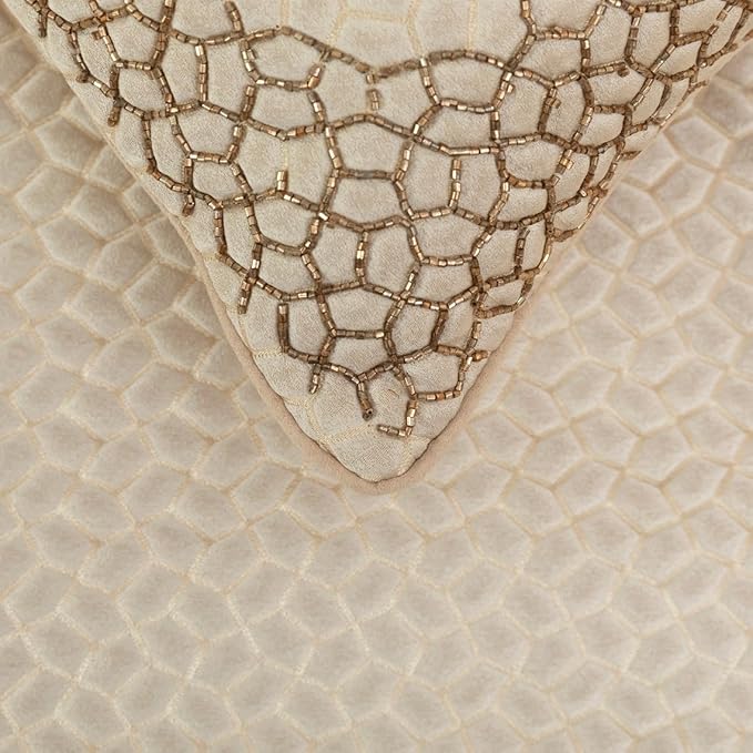 The HomeCentric King/Queen/Twin Ivory & Gold Designer Queen 74"x18" Bed Runner Without Pillow Cover, Mosaic & Beaded Bed Scarf on Jacquard Fabric - Tessellation