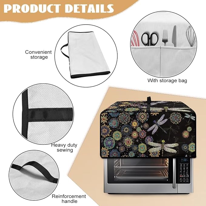 Boho Mandala Dragonfly Print Toaster Oven Cover Dust-Proof Microwave Oven Cloth Cover with Storage Pockets Waterproof Kitchen Machine Covers Case Protections Protector, M