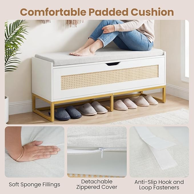 Giantex Rattan Shoe Bench, Flip-Top Entryway Bench with Removable Padded Seat & Hidden Storage, Wooden Shoe Storage Chest with Metal Legs for Bedroom, Hallway, 440 lbs Max Load (White & Gold)