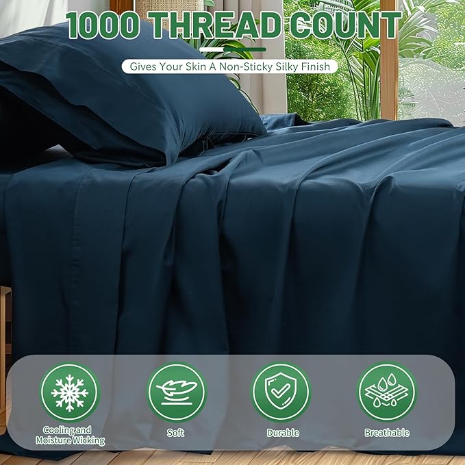 100% Egyptian Cotton Sheets Cal King Sheet Set 1000 Thread Count Sateen Weave Soft Breathable 16-Inch Deep Pocket 4PCS（California King,Navy）