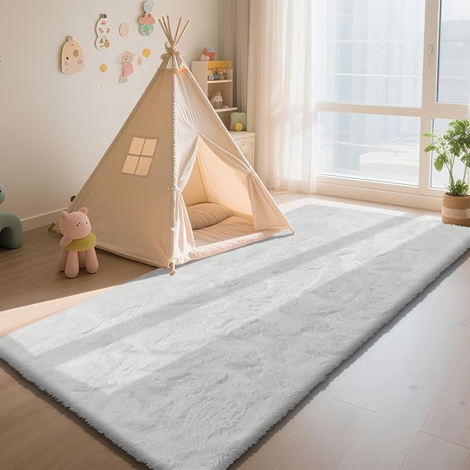 Soft Runner Rugs for Bedroom, White 3x7 Area Rugs Fluffy Rug Shaggy Area Rug Carpet, Bedside Rug for Living Room Bedroom Kids Room Home Decor