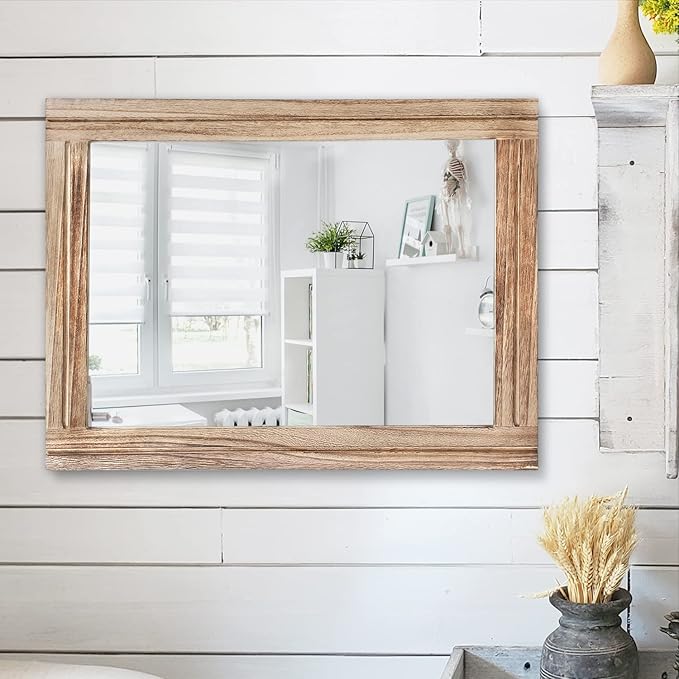 AAZZKANG Rustic Mirror for Wall with Rectangle Wood Framed Decorative Hanging Mirrorrs Large 20"x16"for Bedroom Bathroom Living Room Dressing Room