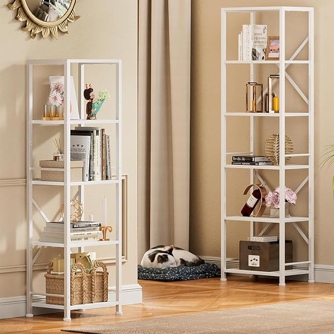 Furologee White Bookshelf 5 Tier Bookcase, Tall Narrow Bookshelves, Modern