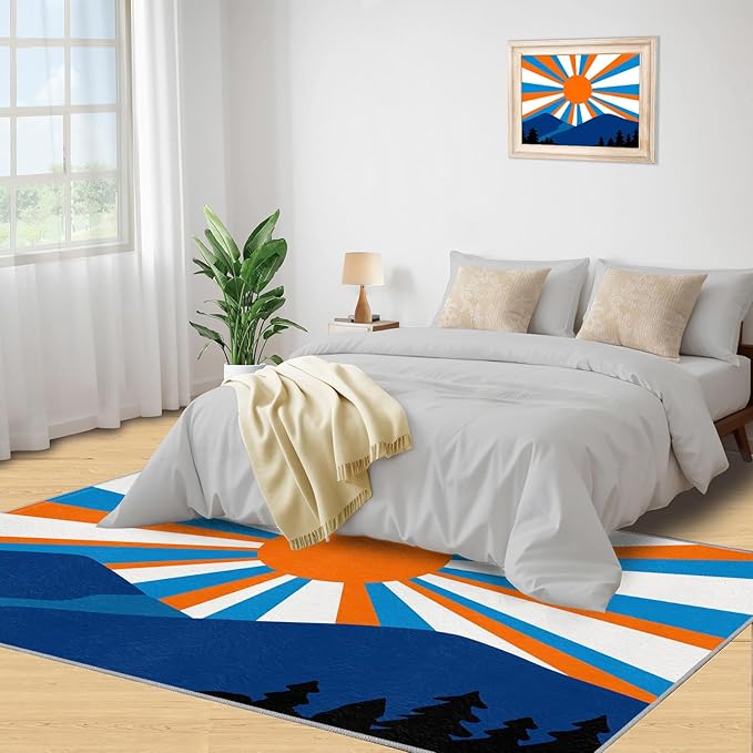 Boho Sun Area Rugs 4x5ft, Abstraction Deco Kids Play Rug, Minimalist Sunburst Throw Rugs Bedroom Fluffie Soft for Coffee Shop Living Room Under Table Game Room