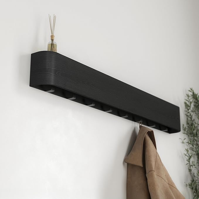 Kazai. Wall-Mounted Coat Rack 'Toke' - Modern Design Coat Rack with Hidden Wall Hooks - Solid Wood Veneer Panel Coat Hanger - Oak, Black