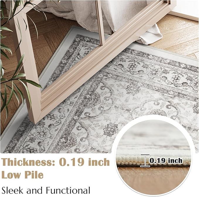 jinchan Floral 2x3 Rugs for Entryway - Machine Washable Beige Vintage Distressed Boho Design Soft Faux Wool Small Non-Slip Doormat for Entrance Kitchen Living Room Bedroom Farmhouse (2‘x3', Beige)