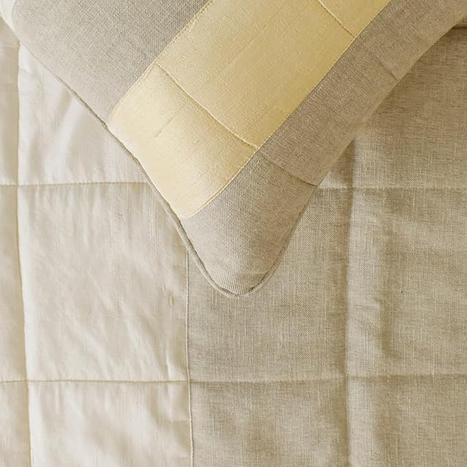 The HomeCentric King/Queen/Twin Beige Decorative King 90"x18" Bed Runner with Pillow Cover, Color Block, Patchwork, Quilted, Silk, Linen & Striped Bed Scarf on Linen & Silk Fabric - Alikka