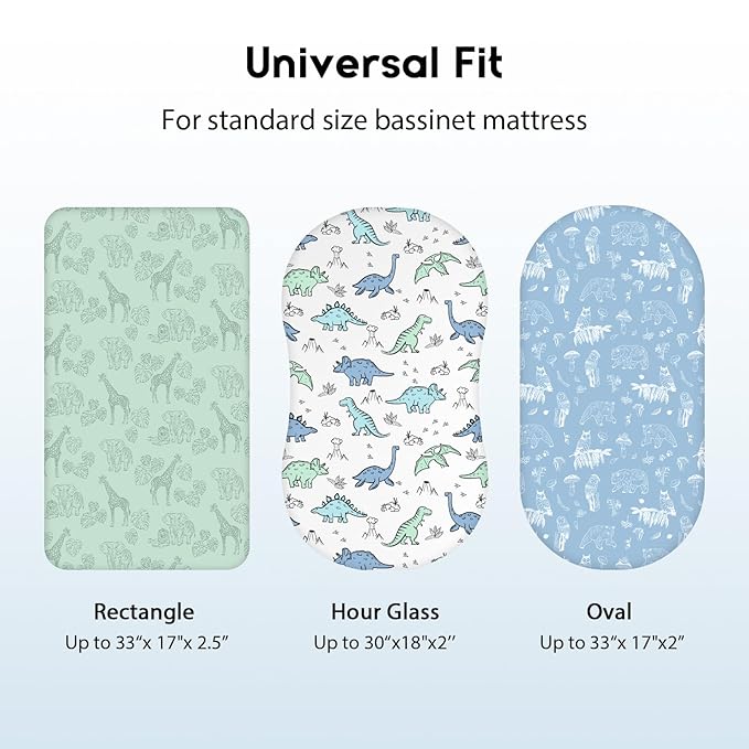 Baby Bassinet Sheets Girl Boy, Fitted Bassinet Sheet Set 3 Pack Bassinet Mattress Sheets Universal Fit for Rectangle, Round, Oval, Hourglass Mattress, Soft Breathable Green & Blue Dinosaur