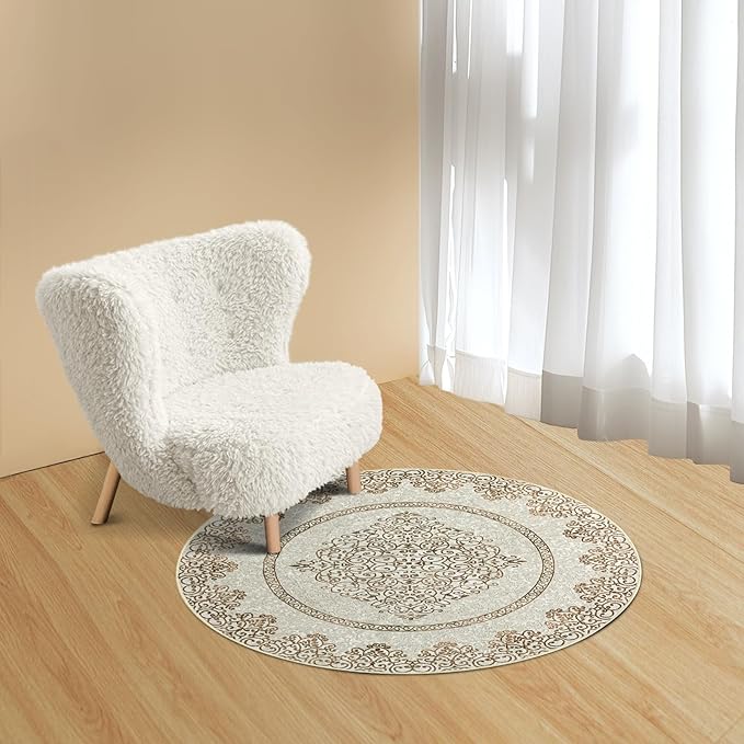 Easy-Going Round Area Rug 3ft Washable Boho Neutral Small Circle Rugs for Living Room Non-Slip Bedroom Rug Low Pile Lightweight Floral Brown Print Vintage Throw Rug for Dining Room Kitchen Office