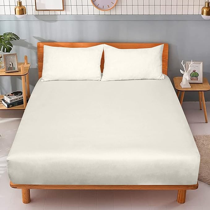 ROYALE LINENS 300 Thread Count 100% Long Staple Combed Cotton Fitted Sheet Twin XL - Super Soft Deep Pocket Bottom Sheet - Fitted Sheets Only - Elastic Sheets (Twin XL, Cream)