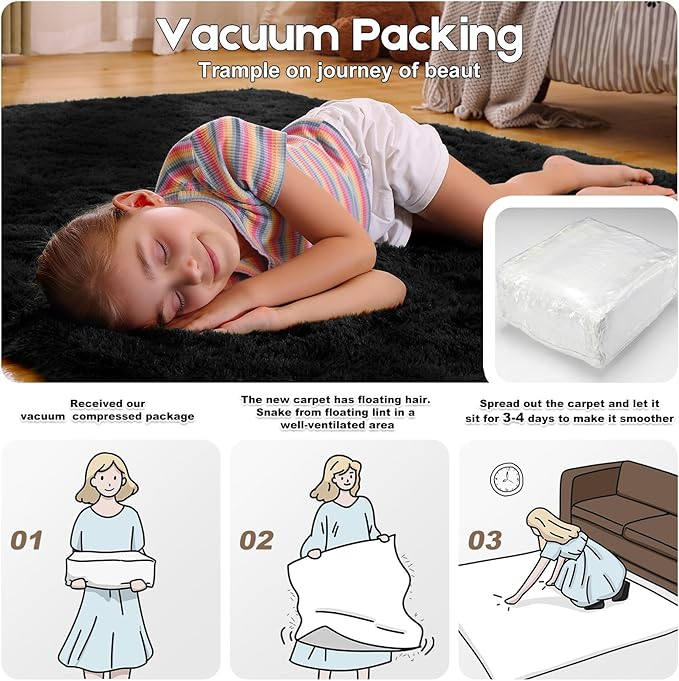 4x6 Black Rug for Bedroom Living Room, Fluffy Small Area Rug Soft Shag Carpet for Kids Boys and Girls Room with 4 Rugs Non-Slip Stickers Dorm Home Decor (4ft x 6ft)