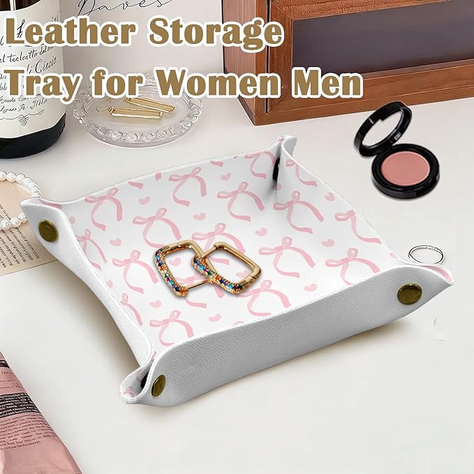 Pink Coquette Bow Leather Jewelry Valet Tray, Bow Themed Gifts PU Leather Catchall Beside Caddy Nightstand Organizer Tray for Jewelry Rings Watches Keys and Accessories, 7.8x7.8inch