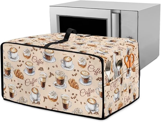 Waterproof Microwave Oven Dust Cover Heavy Duty Microwave Oven Grill Cover Dustproof Kitchen Machine Covers Case Protections for Toaster Oven, Coffee Cup Bean Bread Cream Print, M