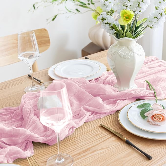 Asee'm 6pcs Cheesecloth Table Runner 120 Inches Blushing Pink Boho Gauze Cheese Cloth Runner 10FT Rustic Sheer Table Runners for Summer Wedding Baby Shower Holiday Party Decoration