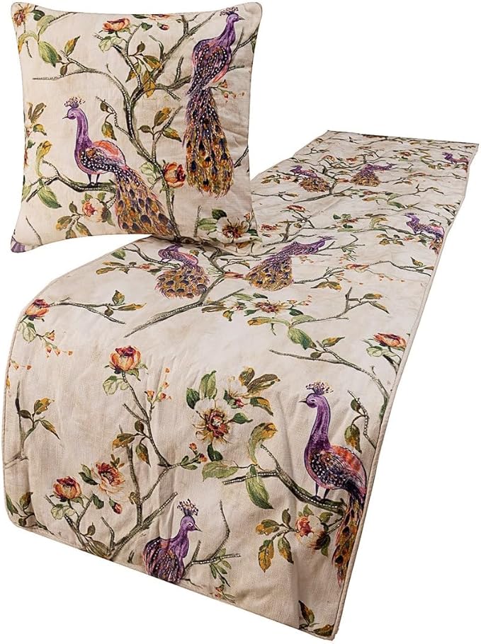 The HomeCentric King Queen Twin Ivory & Multicolor Decorative King 90"x18" Bed Runner with Pillow Cover, Peacock Bed Scarf on Cotton Printed with Beads Fabric - Peacock Queen