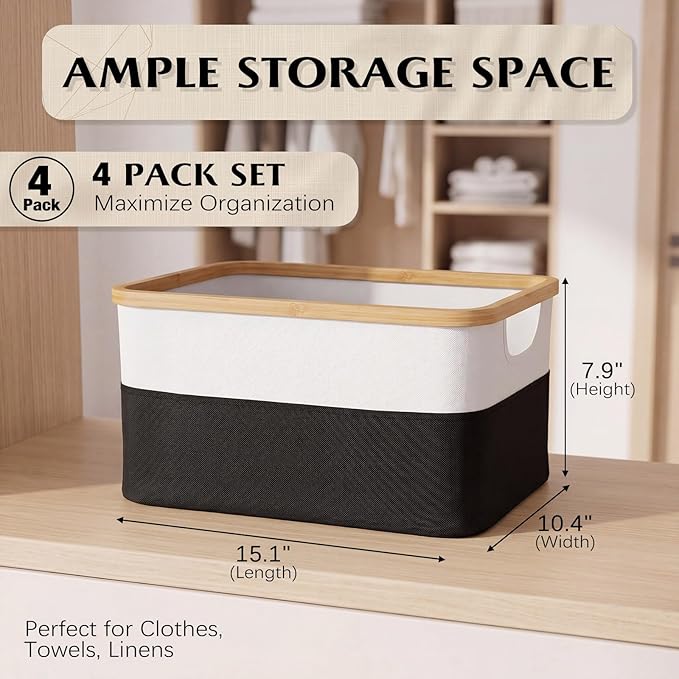 Hushee 4 Pack Bamboo Fabric Storage Bins for Shelves, 15"x10"x7.9" Collapsible Storage Baskets for Organizing, Two-Tone Foldable Bins for Clothes, Towels, Linens(White and Black)