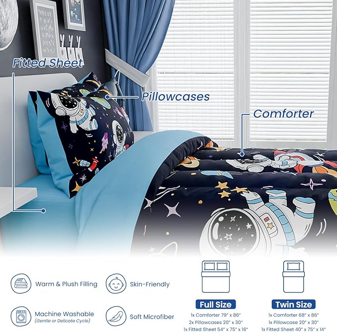 SANDJEST Astronaut Bedding Sets for Boys, Ultra Soft Microfiber Comforter Full Size Set with 4-Pieces, Comforters for Kids Children Boy Bedroom Decor