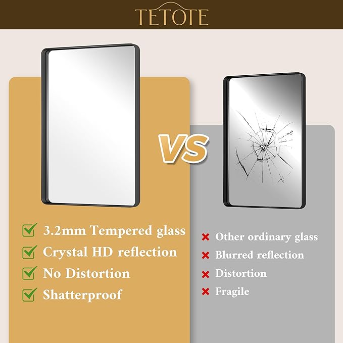 TETOTE Black Vanity Mirror 48 x 30 Matte Black Bathroom Mirrors, Tempered Glass, Modern Farmhouse Wall Mounted Mirror for Decorative(Horizontal/Vertical)