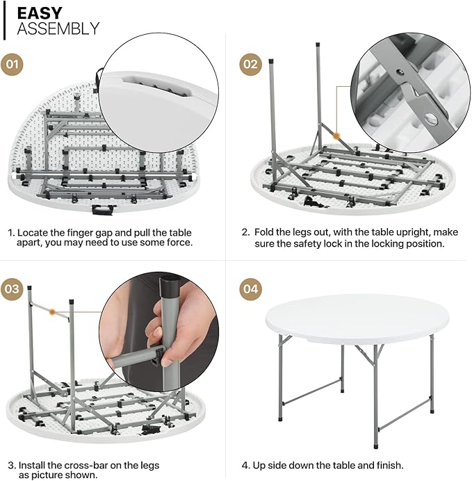 MoNiBloom 4Ft Round Folding Table, Indoor Outdoor Plastic Dining Card Table with Handle and Lock for Picnic Party Banquet Wedding, White