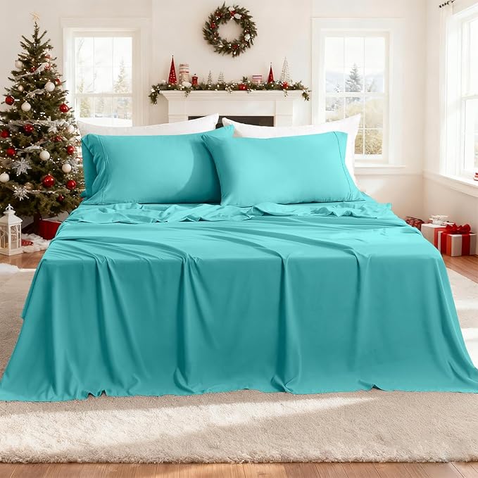 California King Size Sheet Set - Luxury 4 Piece Breathable Soft Sheets for King Size Bed, 16" Deep Pocket Wrinkle Free Cooling Bedding Sheet and Pillowcase Set Cal King Size, Turquoise