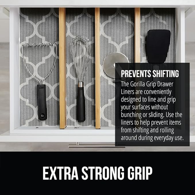 GORILLA GRIP powerGRIP Drawer Shelf and Cabinet Liner, Thick Strong Hold, Non-Adhesive Liners Protect Kitchen Cabinets and Cupboard, Bathroom Drawers, Easy Install, Breathable Mat, 12" x20', Gray