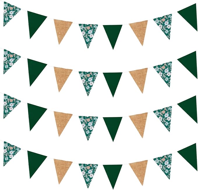 Zwiebeco 39Ft Dark Green Floral Fabric Pennant Banner Vintage Burlap Triangle Flag Retro Flower Bunting Party Decoration for Birthday Engagement Wedding Bridal Baby Shower Rustic Village Garden Decor