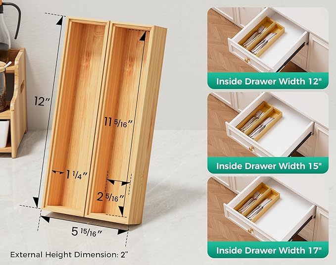 Bamboo Kitchen Drawer Organizer Boxes – 12" x 3" Stackable Wood Silverware Utensil Tray for Drawers Bins, Cutlery & Flatware Storage – Wooden Organizers Set of 2 for Junk Drawer, Bathroom, RV