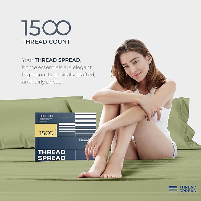 THREAD SPREAD 100% Egyptian Cotton Sheets Queen Size - 1500 Thread Count 4 PC Queen Sheet Set Egyptian Cotton, Sateen Weave Luxury Sheets Queen, High Thread Count Sheet, 17" Deep Pocket - Sage Green