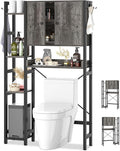 Over The Toilet Storage Cabinet with Doors - 7 Tier Bathroom Organizer with Adjustable Shelf, Freestanding Space Saver Rack Above Toilet Stand with 4 Hooks for Bathroom, Restroom, Laundry, Grey Oak