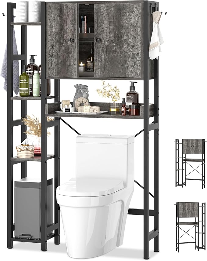 Over The Toilet Storage Cabinet with Doors - 7 Tier Bathroom Organizer with Adjustable Shelf, Freestanding Space Saver Rack Above Toilet Stand with 4 Hooks for Bathroom, Restroom, Laundry, Grey Oak