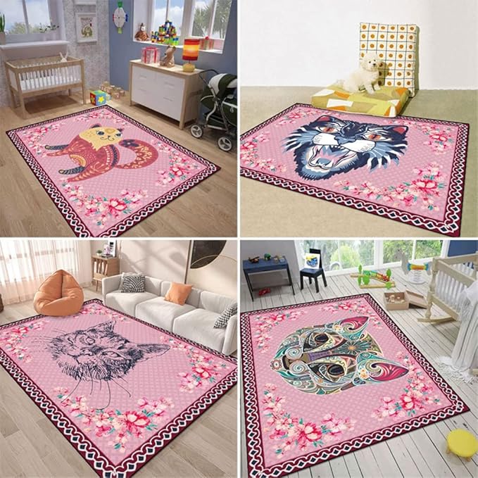 Cartoon Animal Pattern Area Rug Cute Cat Luxury Floral Decor for Carpet Farmhouse Bedroom Living Room Rugs Bathroom Kitchen Runner Mat Indoor Outdoor Non Slip Doormat 3' X 3'
