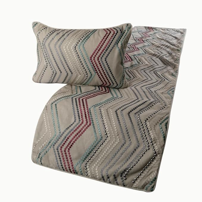 The HomeCentric King Queen Twin Beige Linen Bed Runner Without Pillow Cover, King Size 90"x18" Bed Runner Without Pillow Cover, Linen with Embroidery, Chevron Modern Pattern - Dotty Chevron