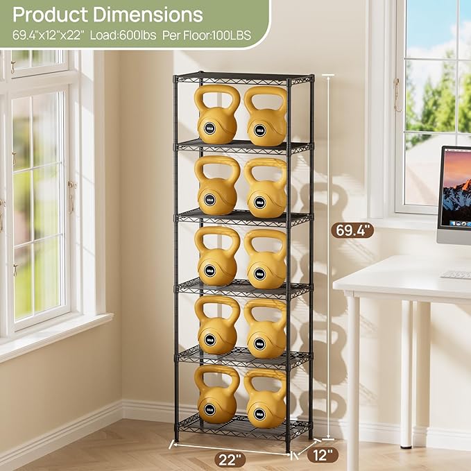 Golpart 6 Tier Adjustable Storage Shelves,Heavy Duty Metal Utility Shelf 900LBS Capacity,Wire Shelving Unit Organizer Rack for Home,Kitchen,Office,Bathroom,Pantry Room,12" D x 22" W x 69" H,Black