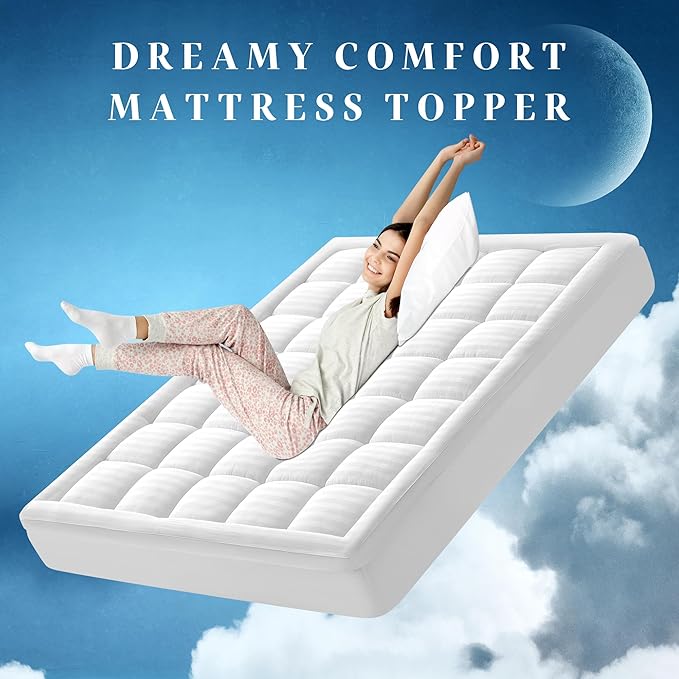 Pillow Top Thick Mattress Topper Twin XL for College Dorm Room Essentials, 100% Breathable Cotton Cover Bed Protector with 8-22" Deep Pocket (39 x 80 Inches, White)