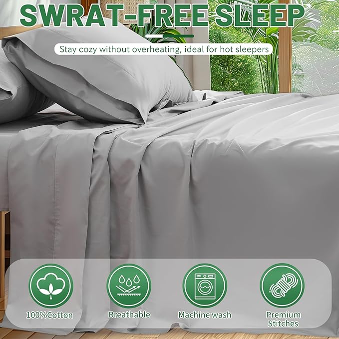 Extra Deep Pocket Queen Sheets 18-24 Inch 100% Egyptian Cotton 1000 Thread Count Sateen Weave Soft Breathable 4 Pieces（Queen,Grey）