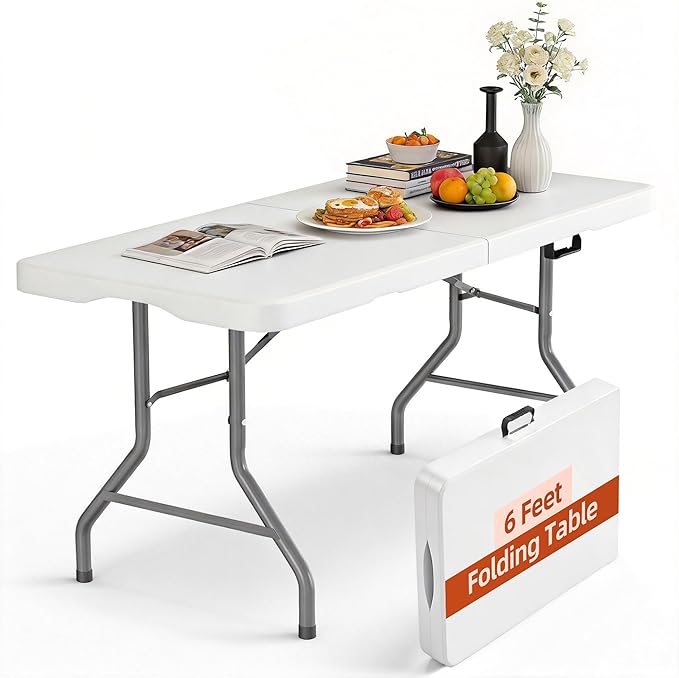 6ft Folding Table Heavy Duty 350 LBS Capacity Foldable Table with 18% Thicker HDPE Waterproof Top & Reinforced Steel Frame, Portable Fold-in-Half Table for Outdoor Indoor Party Wedding Camping