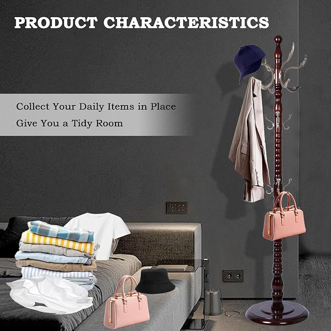 Coat Racks FreeStanding with 14 Hooks, Natural Wood Coat Rack with Solid Round Base, Adjustable Height Coat Racks, Easy Assembly for Hallway, Bedroom and Office (Reddish Brown-Metal Hook)