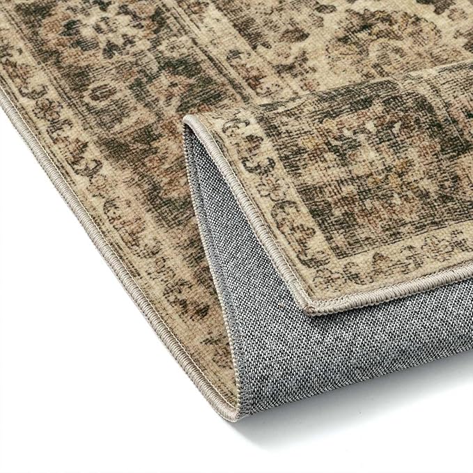 2x10 Washable Runner Rug for Kitchen Hallway Brown Vintage Non-Slip Low Pile Distressed Rustic Carpet Lightweight Vacuumable Soft Long Throw Rug for Indoor Entryway Bedroom