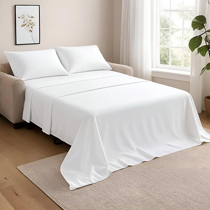 NON Sticky cotton Twin Size Sleeper Sofa Sheets, 4 Piece Egyptian Cotton Bed Sheet Set for Sofa Bed, 6" Deep Pocket Fitted Sheet for Pull Out Couch Mattress, 39" x 75", White Solid, Soft & Breathable
