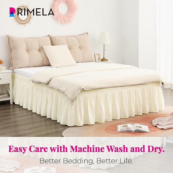 RIMELA Butter Yellow Bed Skirt King Size 15 Inch Drop, Elastic Bed Skirting for Bed Base and Frame, Lightweight Wrap Around Adjustable Bedskirt, Bedding Dust Ruffle Easy to Install