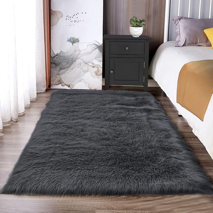 Latepis Dark Gray Faux Fur Rug 3x4 Area Sheepskin Rug for Bedroom Bedside Living Room Rugs for Sofa Cushion Playing Luxury Home Decor