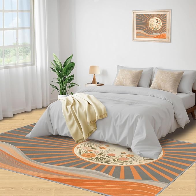 Boho Sun Area Rugs 5x6ft, Minimalist Line Rugs for Kids Bedroom, Geometric Solar Office Rug Low Pile are Not Stumbling Foot for Living Room End Table Nursery